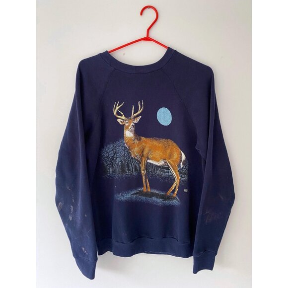 90s vintage blue deer animal nature wildlife graphic distressed pullover sweater - Picture 1 of 8